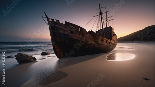 Forgotten Pirate Shipwreck Grounded on Shore. Perfect for historical presentations, conveying the allure of pirate lore and maritime history..