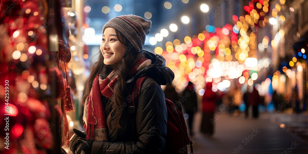 Asian woman smiling looking at shop window Christmas light in city street