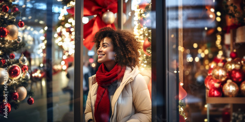 Afroamerican woman smiling looking at shop window Christmas light © fabioderby