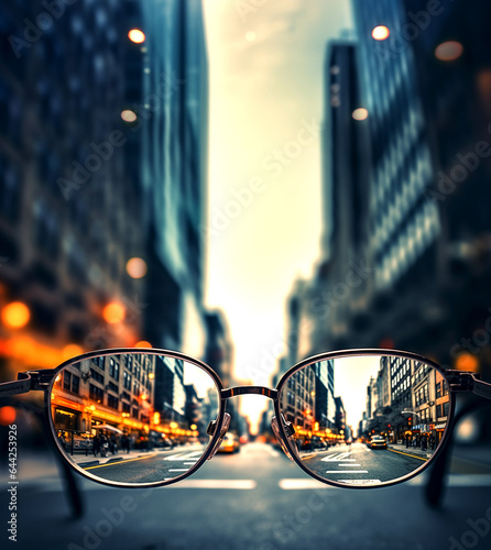 Seeing through eyeglasses concept, defocused view watching city street