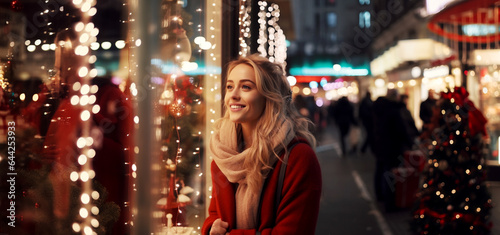 Blond woman smiling looking at shop window Christmas light in city street