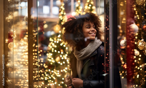 Afroamerican woman smiling looking at shop window Christmas light