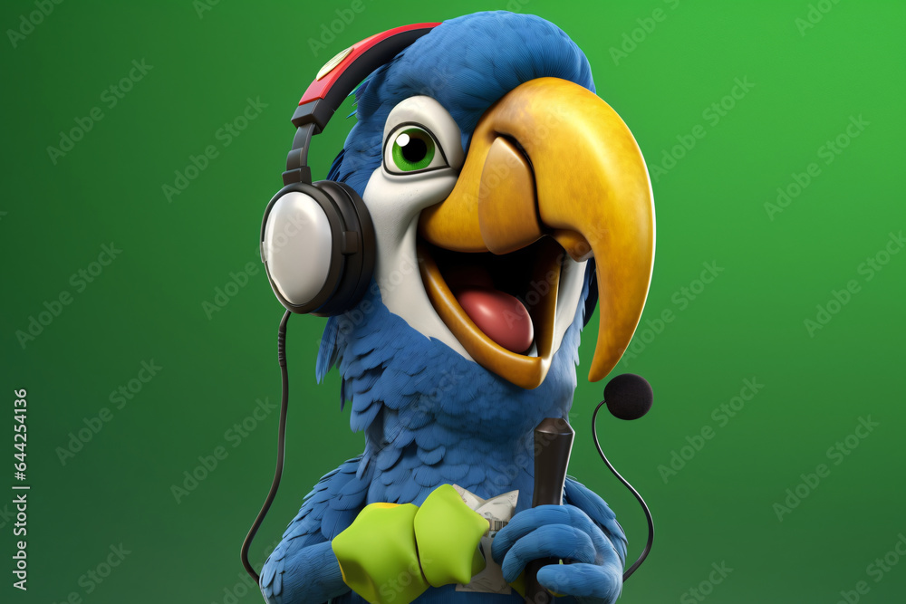 Portrait of a cartoon parrot with headphones and microphone. Parrot commentating on a football match. 3D render