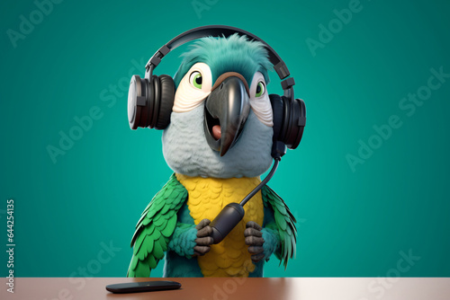 Portrait of a cartoon parrot with headphones and microphone. Parrot commentating on a football match. 3D render
