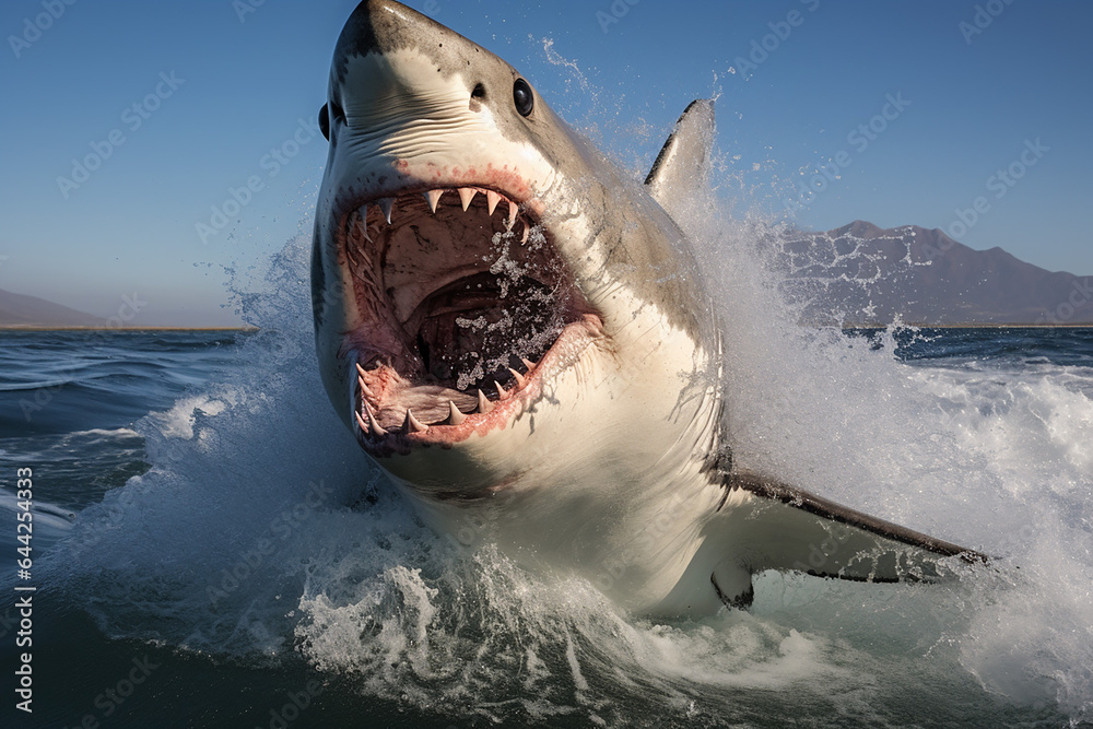 Obraz premium The shark, seen from the front, with its mouth open and sharp teeth visible, stirs the sea water, generative AI