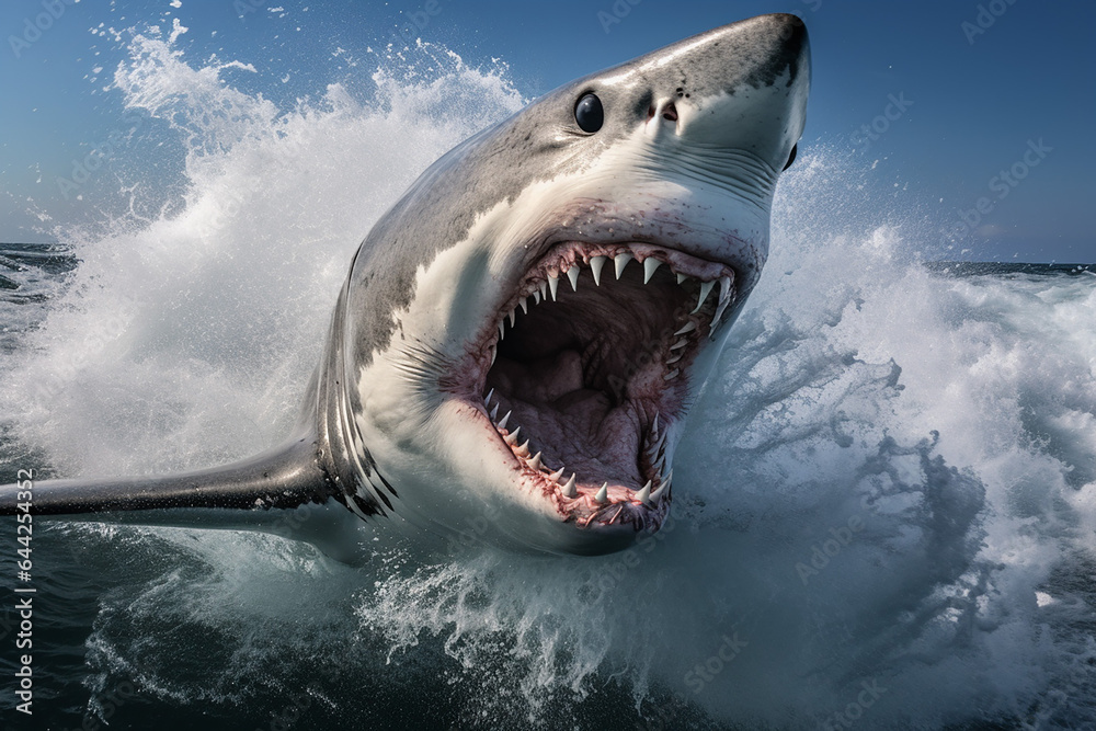 Naklejka premium The shark, seen from the front, with its mouth open and sharp teeth visible, stirs the sea water, generative AI