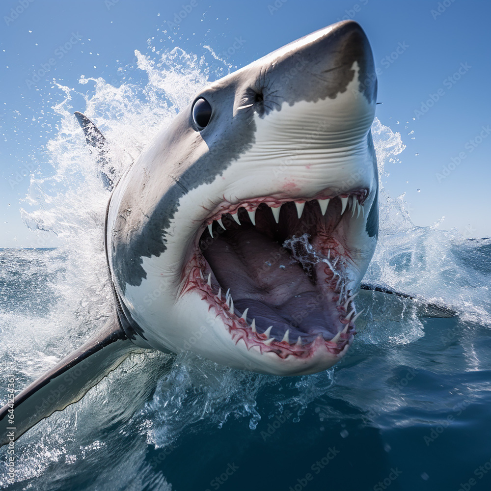 Obraz premium The shark, seen from the front, with its mouth open and sharp teeth visible, stirs the sea water, generative AI