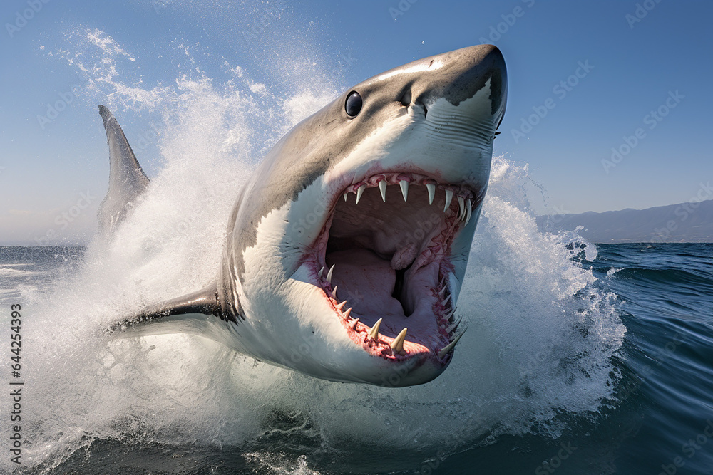 Obraz premium The shark, seen from the front, with its mouth open and sharp teeth visible, stirs the sea water, generative AI