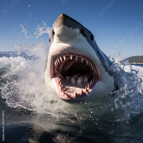 The shark  seen from the front  with its mouth open and sharp teeth visible  stirs the sea water  generative AI
