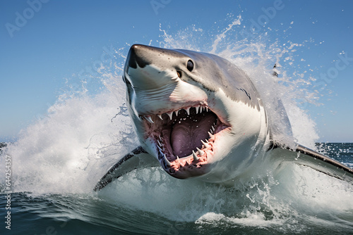 The shark  seen from the front  with its mouth open and sharp teeth visible  stirs the sea water  generative AI