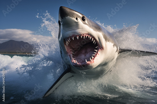 The shark  seen from the front  with its mouth open and sharp teeth visible  stirs the sea water  generative AI