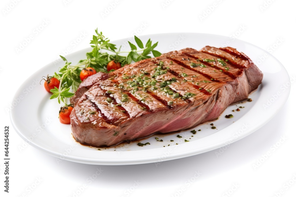 Pork steak on a white plate. Rosemary, sauce and spices. Pork steak on a white plate. Rosemary, sauce and spices.