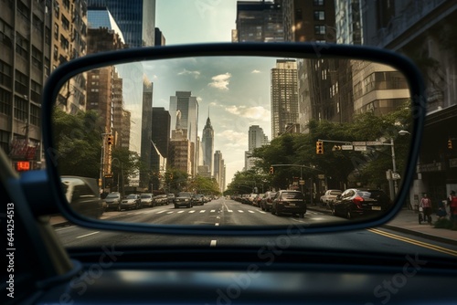 Rearview mirror showing city street view. Generative AI