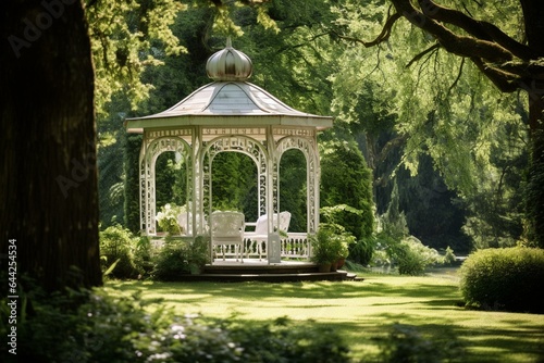 Scenic gazebo in an elegant garden. Generative AI