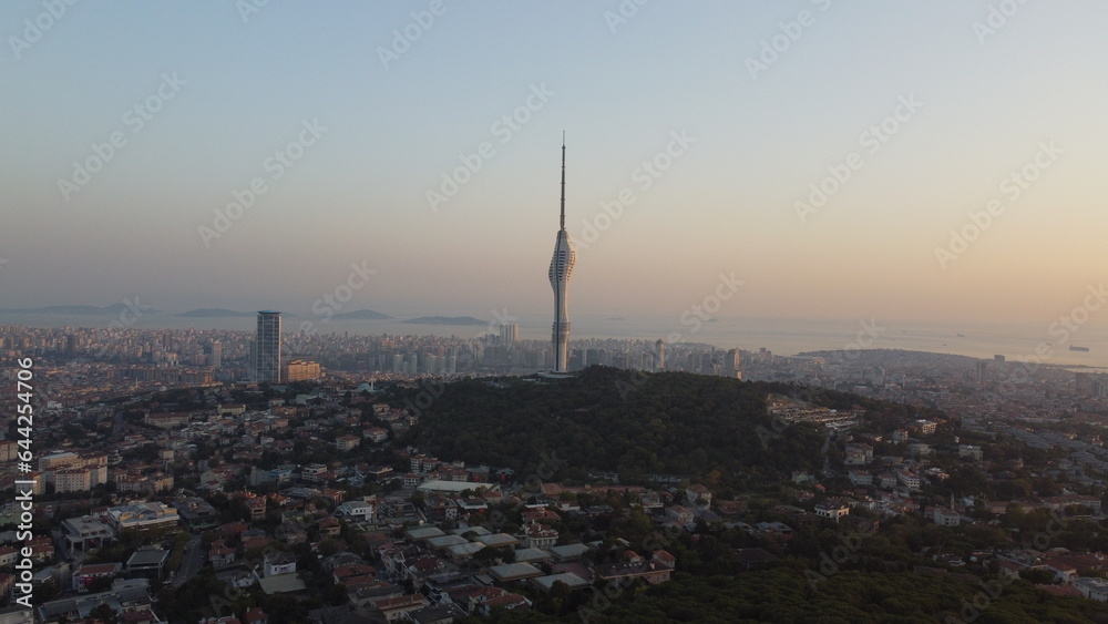 A drone shot of the Camlica Tower, Istanbul