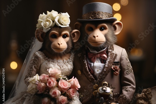 Wedding couple with cute monkey on blurred background, closeup