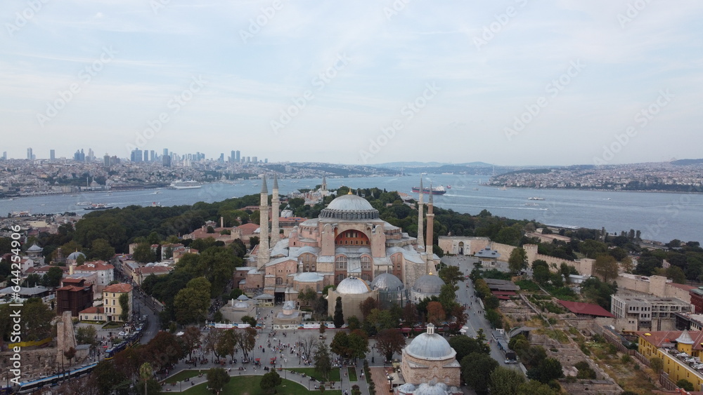 A drone shot of the Hagia Sofia, Istanbul with the Bosphorous looking Northwards in the Background.
