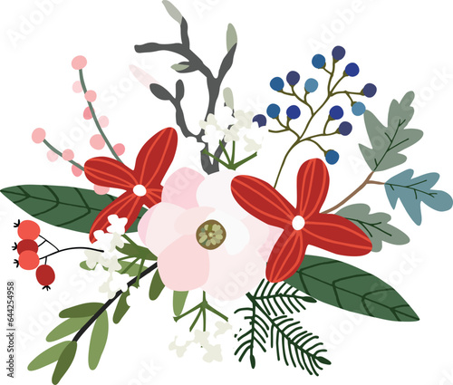 Christmas floral composition  bouquet. Poinsettia  magnolia flowers with berries. Fir  oak tree branches. Hand drawn vector illustration. Isolated natural element for greeting card  invitation  banner