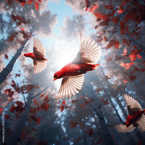 flock of red cardinals fly