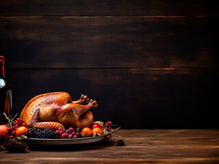 thanksgiving turkey on rustic wooden table with copy space
