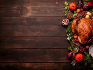 top view of a thanksgiving turkey on rustic wooden table with copy space