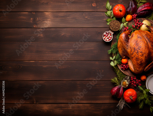 Photo top view of a thanksgiving turkey on rustic wooden table with copy space