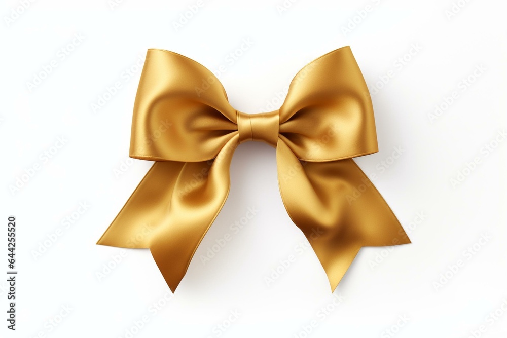 Gold satin ribbon bow on white. Generative AI