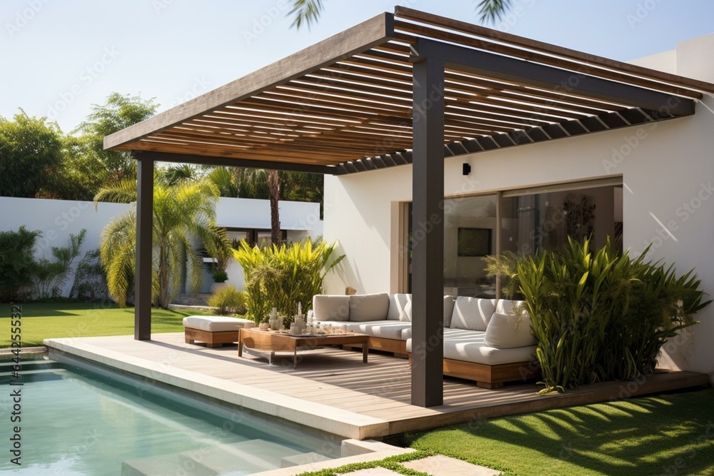 Elegant outdoor pergola providing stylish shade with roof and awning. Generative AI