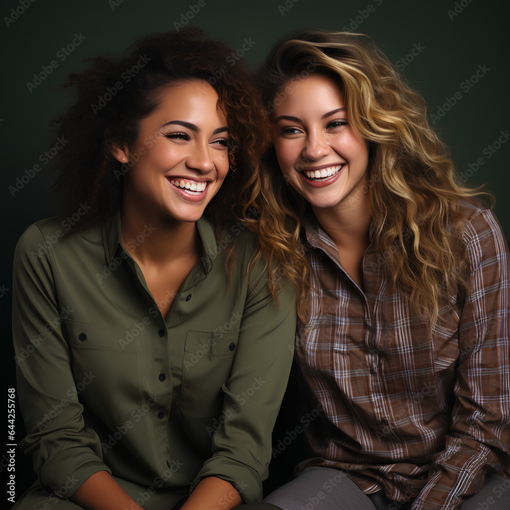 Zwei interkulturelle diverse und vielfälige beste Freunde lachen und haben eine gute Zeit zusammen im Studio Zwei interkulturelle diverse und vielfälige beste Freunde lachen und haben eine gute Zeit zusammen im Studio