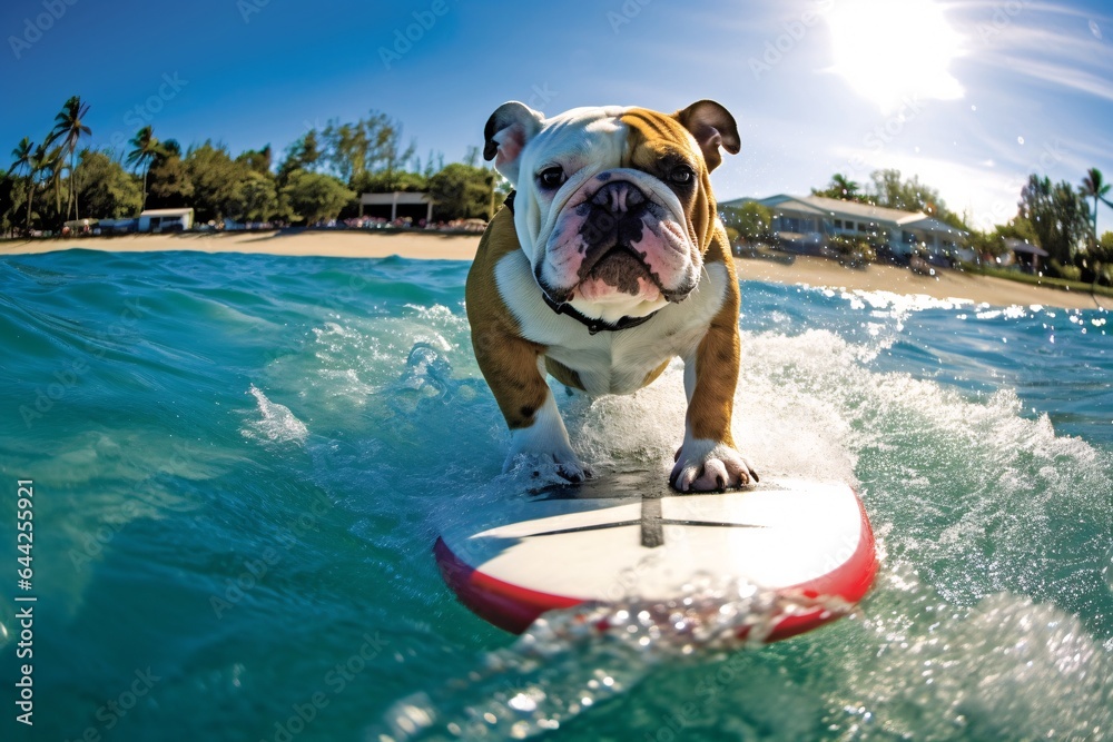 English bulldog on a surfboard in the water, sunny day