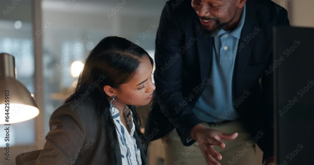 Computer, documents and a business woman with her mentor in an office at night for work on a project. Human resources, management and report with a corporate man talking to an employee in a workplace Computer, documents and a business woman with her mentor in an office at night for work on a project. Human resources, management and report with a corporate man talking to an employee in a workplace