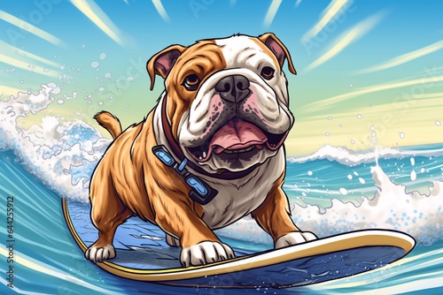English bulldog on a surfboard in the water, sunny day © vachom