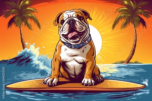 English bulldog on a surfboard in the water, sunny day