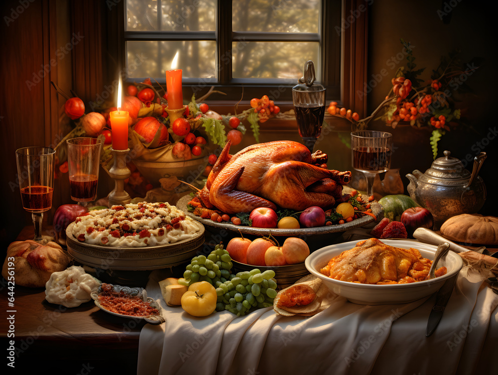 Beautiful dinner decorations for thanksgiving dinner with turkey