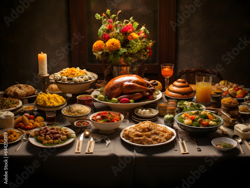 Beautiful dinner decorations for thanksgiving dinner with turkey
