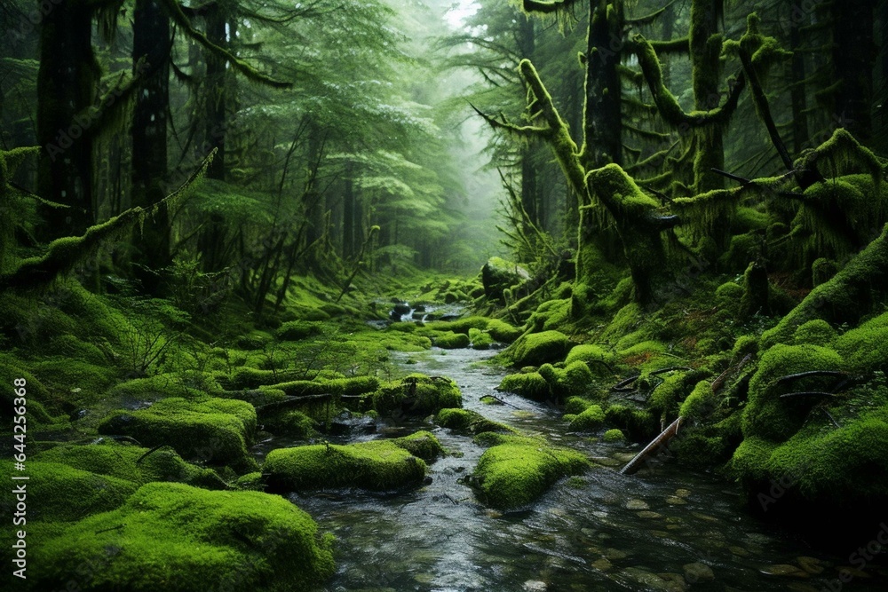 Rain-soaked moss amidst forest backdrop symbolizing a verdant world. Generative AI