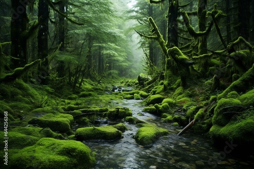 Rain-soaked moss amidst forest backdrop symbolizing a verdant world. Generative AI