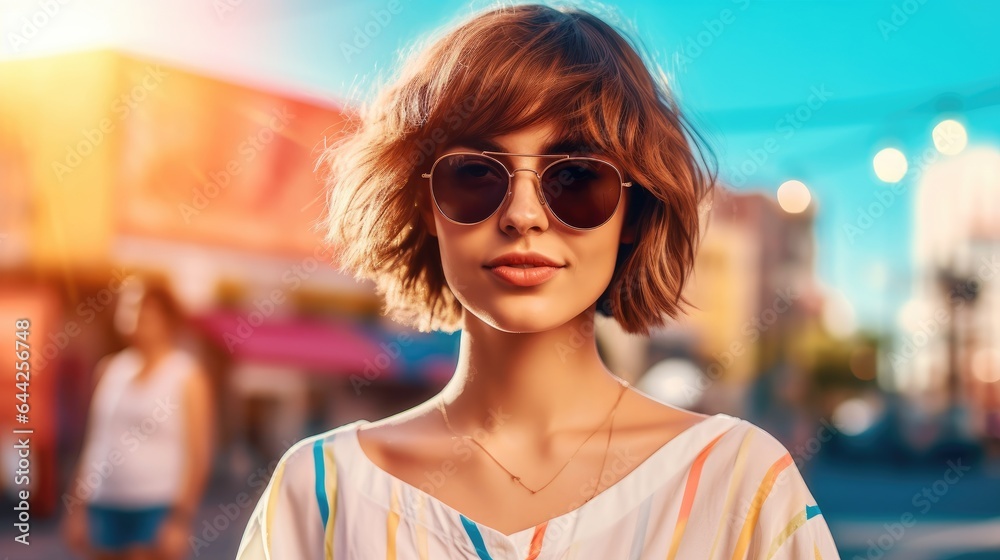 Attractive woman with short hair wearing sunglasses Attractive woman with short hair wearing sunglasses