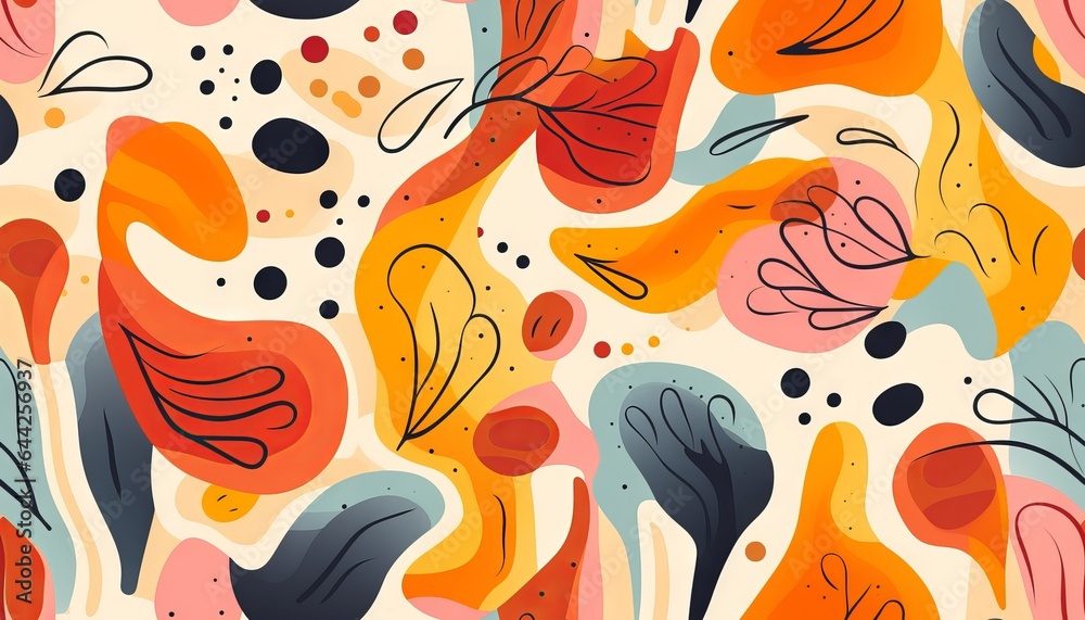Seamless pattern with hand drawn abstract shapes and floral elements