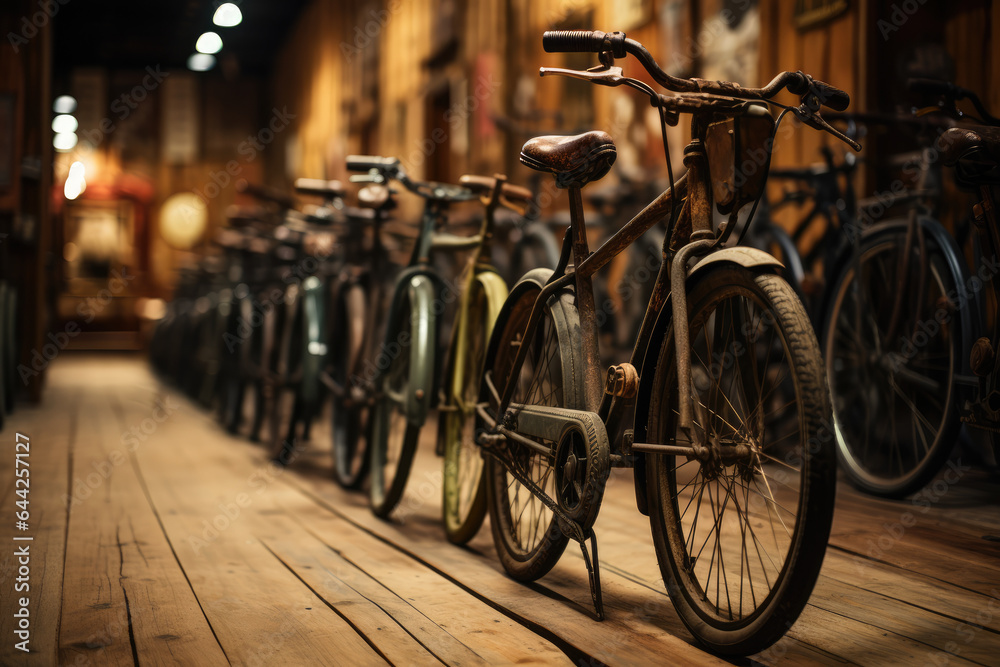 A row of vintage bicycles from the late 19th century, showcasing the evolution of pedal-powered transportation. Generative Ai.