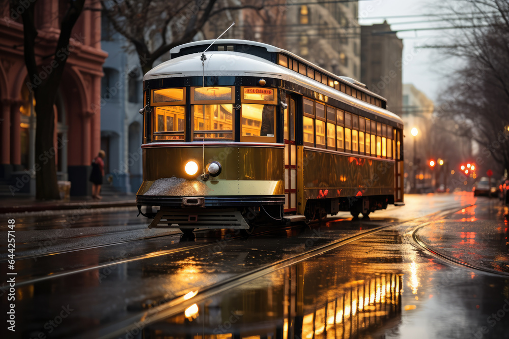 A historic streetcar or tramcar navigating city streets, reflecting early public transit systems. Generative Ai.