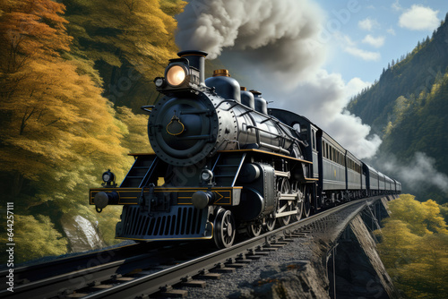 A vintage steam locomotive chugging along a scenic railway, symbolizing the early days of train travel. Generative Ai.