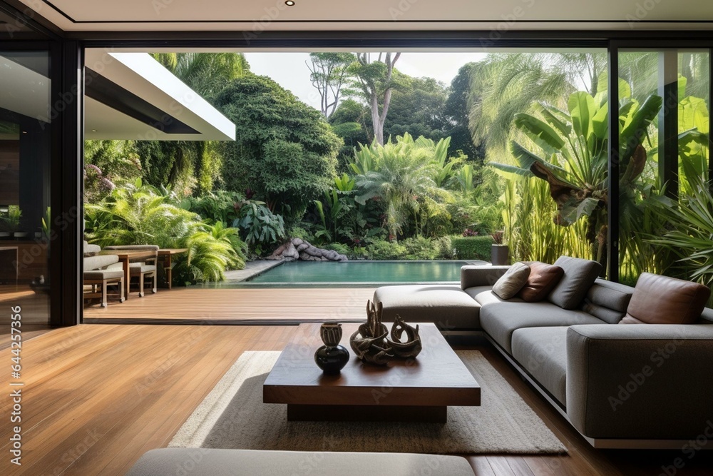 Contemporary living area with tropical garden view, wooden floors, gray fabric sofa, sliding doors, wooden terrace, green garden. Generative AI