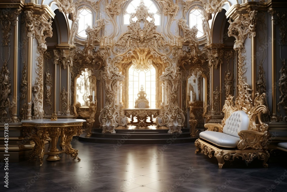 Luxurious Baroque interior adorned with intricate mirror decorations. Generative AI