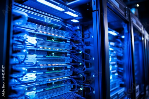 A close-up of a server in a blue-lit rack. Generative AI
