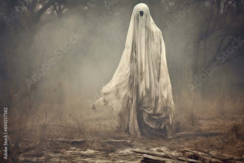 Old spooky ghost covered in white sheet standing in rustic rural landscape with distressed effect. Generative AI