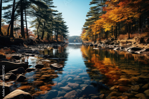 A tranquil river winds its way through a forest, reflecting the rich tapestry of autumn colors along its banks. Concept of Reflective Waters. Generative Ai.