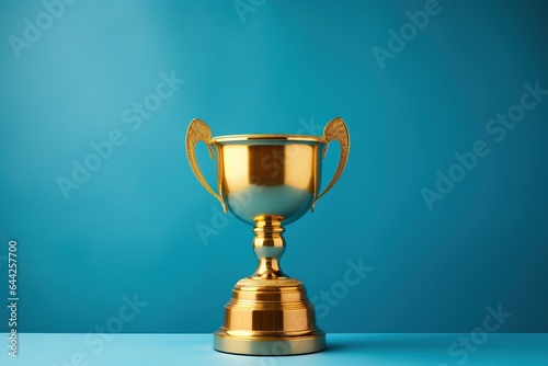 a golden trophy on a blue pedestal against a blue background with a light reflection on the floor
