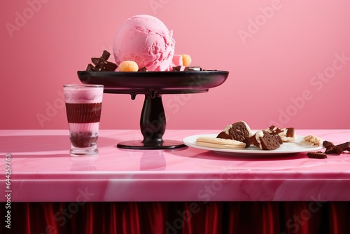 a pink table topped with a chocolate covered ice cream bar photo