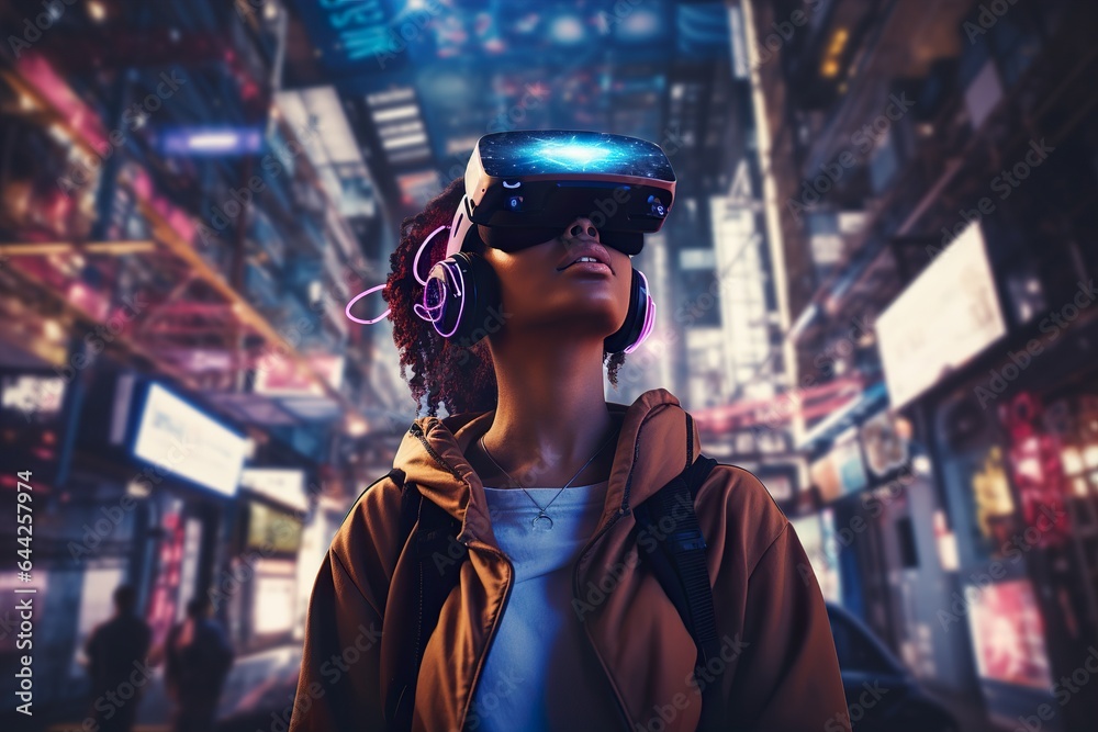 A person wearing virtual reality headset, exploring metaverse world of city of future A person wearing virtual reality headset, exploring metaverse world of city of future